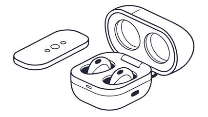 Wireless earbuds and charging case outline illustration on transparent background.