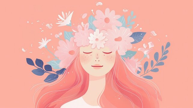 Cute flat pink artwork showing emotional balance and daily mental support care