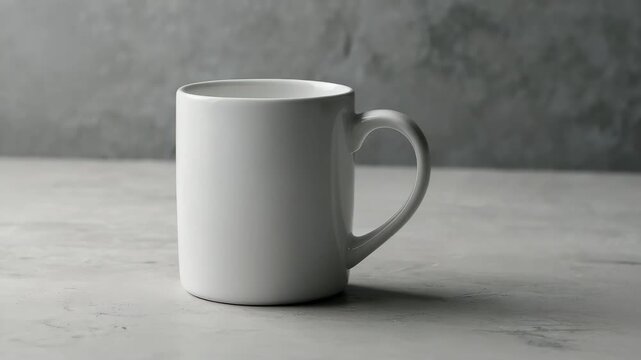 Minimalist white coffee mug on gray textured table. Modern, clean design, drinkware, neutral tones. Mockup image.