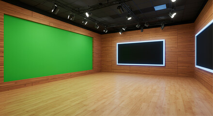 Interior view of a studio with a green screen wall, wooden paneling, and monitors, illuminated by studio lighting.