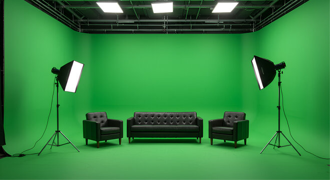 A professional studio setup with green screen background, furniture, and lighting equipment.