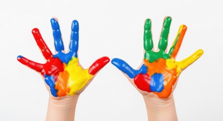 Vibrant Child's Hands Covered in Primary Colors Paint on White Background