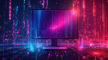 Colorful data visualization with abstract pink and blue light trails behind a computer monitor, representing digital analytics, finance technology, and futuristic information systems for businesses.