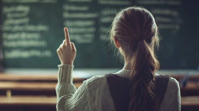 A young woman with long hair wearing a white sweater and a black backpack standing in front of a blackboard with white chalk writing on it.
