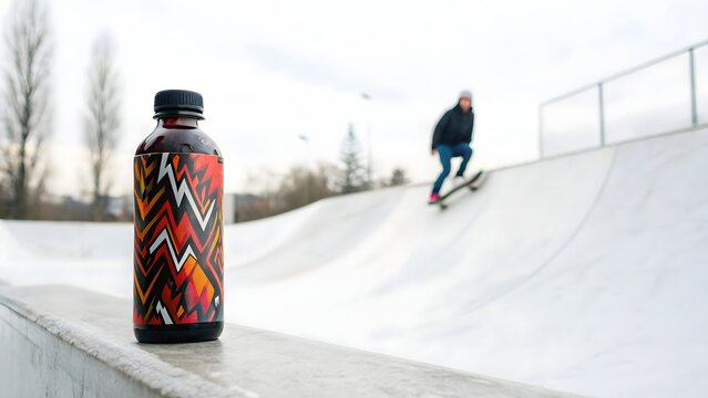Vibrant energy drink bottle on a ledge at a skatepark with a blurred skateboarder