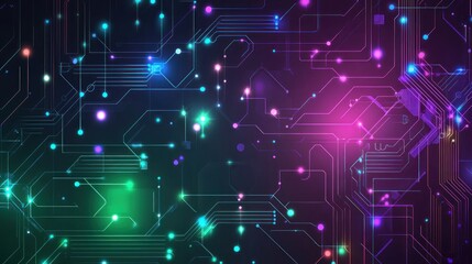 Fototapeta premium A high-tech inspired abstract design with glowing circuit lines, digital grids, and neon colors like green and purple, set against a dark, futuristic background