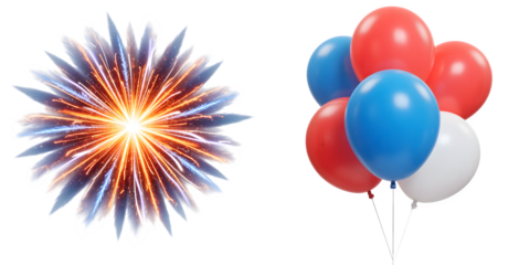 Colorful Firework Burst and Red Blue White Balloons on Transparent Background