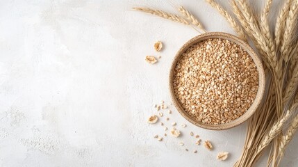 A bowl of oats on a white background with wheat ears.