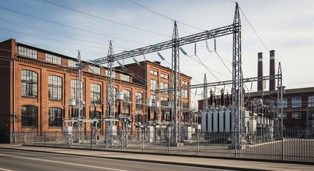 Fototapeta premium Highvoltage electrical substation near industrial brick building