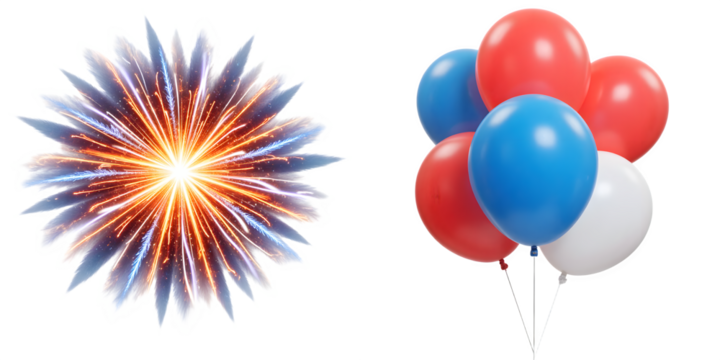Colorful Firework Burst and Red Blue White Balloons on Transparent Background