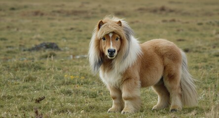 A fluffy miniature horse in a field