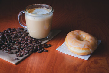 coffee, donut and coffee beans