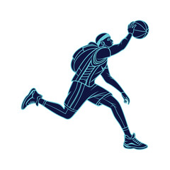 Naklejka premium Dynamic basketball player leaping with ball, outlined in teal. Ideal for sports, action, or athletic design projects and prints.