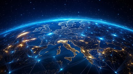 Bright satellite view of Earth featuring Europe and Africa, with digital light paths and glowing data lines across the planet, representing global connectivity, networks, communications, smart systems