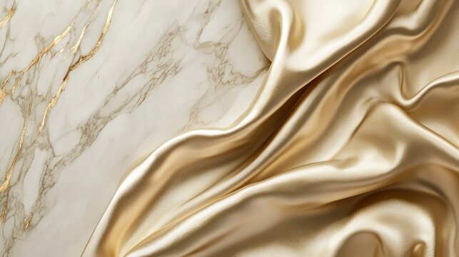 A luxurious, draped gold silk fabric with a marble background. - Powered by Adobe