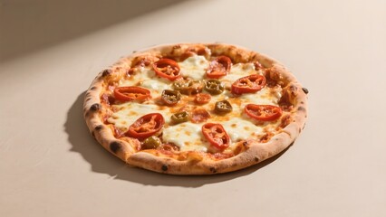 Freshly Baked Pizza with Cherry Tomatoes and Olives on a Light Surface