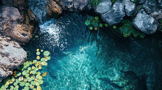 A serene, tranquil natural pool with clear, turquoise water and lush green plants, surrounded by rocky terrain and surrounded by a lush green environment. - Powered by Adobe