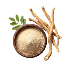 Top-Down Composition: Fresh Ashwagandha Roots with Powder in a Bowl