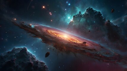 Fototapeta premium Vast Spiral Galaxy in Space with Bright Nebula Clouds and Floating Asteroids