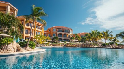 A luxurious resort with colorful buildings, palm trees, and a sparkling pool.