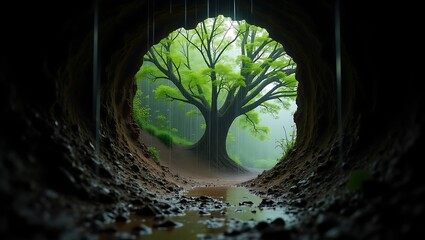 Rain falls through a dark tunnel, revealing a lush green tree and misty path beyond.