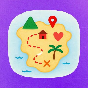 Colorful island treasure map illustration animation isolated asset, transparent 4K video, alpha channel, ProRes 4444