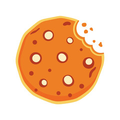 Flat vector illustration of a round orange cookie with a bite taken out of the upper right. The cookie features white chips, orange dots, a light yellow edge, and scattered crumbs on a clean white bac