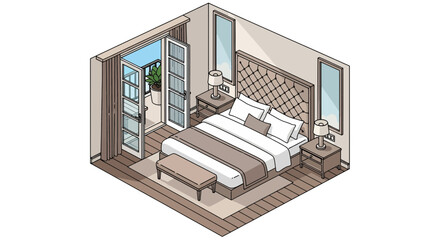 isometric bedroom with bed nightstands lamps and patio door