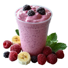 Delicious and refreshing berry and banana smoothie in a clear cup topped with fresh berries and mint leaves isolated on transparent background