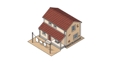 isometric house with clothesline and garden wall
