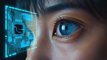Close-up of a human eye with a glowing blue digital interface projected in front of the iris, representing biometric scanning, digital identity verification, and fusion of human vision with AI systems