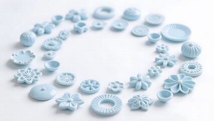 Collection of Light Blue Ceramic Decorative Pieces Arranged in a Circular Pattern
