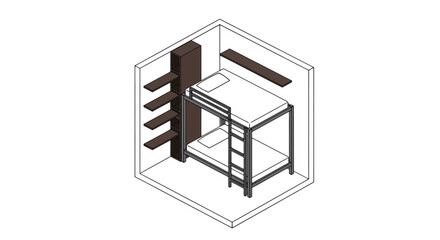 isometric view of a bunk bed with storage shelves in a bedroom