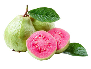 fresh guava fruit with leaves isolated on black