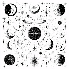 Celestial Pattern with Moons, Stars, Constellations, and Cosmic Symbols in Vintage Black and White Line Art Style
