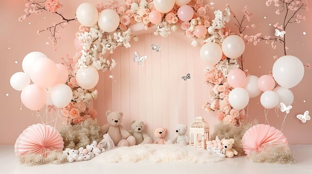 A whimsical baby celebration setup with pink and white balloons floral