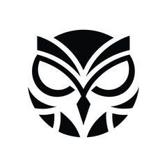 A modern, abstract owl face logo. A simple black and white vector icon symbolizing wisdom, knowledge, and vision. Isolated graphic for a brand or mascot.
