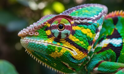 Obraz premium Colorful Chameleon Closeup with Vibrant Scales and Large Eye in Natural Habitat