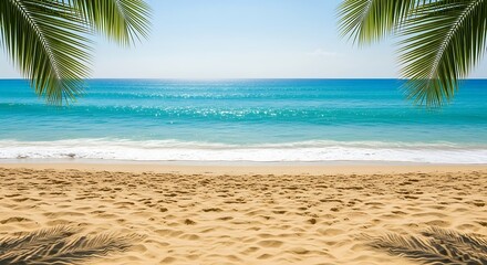 Obraz premium Tropical paradise beach with palm leaves framing the turquoise ocean and sandy shore