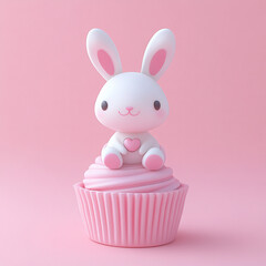 Cute White Bunny with Pink Ears Sitting on Pink Frosted Cupcake in Soft Pastel Style
