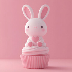 Kawaii Pink Bunny Holding Heart Sitting on Cupcake with Soft Pastel Background
