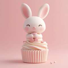 Adorable Kawaii Bunny Sitting on Cupcake in Soft Pink Pastel Colors with Cute Expression
