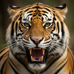 Obraz premium Majestic Tiger Roaring Revealing Its Powerful Teeth and Fierce Expression