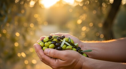 Hands Holding Fresh Olives with Golden Sunlight Bokeh