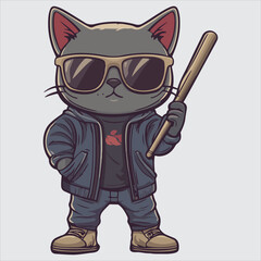 Naklejka premium Vector illustration of a Cool Cat with Sunglasses and a Baseball Bat