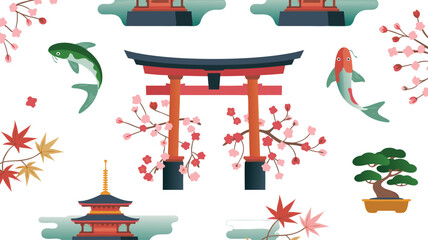 Artistic Pattern Featuring Japanese Symbols Torii Gate, Pagoda, Koi Fish, Maple Leaves and Bonsai Tree