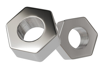 3d silver bolt and nut with detailed threads and hexagonal shapes isolated on a white transparent background. industrial, component screw bolt engineering concept. 3d render.