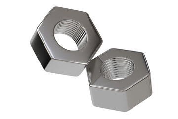 3d silver bolt and nut with detailed threads and hexagonal shapes isolated on a white transparent background. industrial, component screw bolt engineering concept. 3d render.