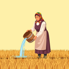 Mature Woman Pouring Water From Rustic Bucket in Field