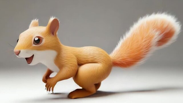 Animated squirrel with a fluffy tail, mid-leap, on a light grey background